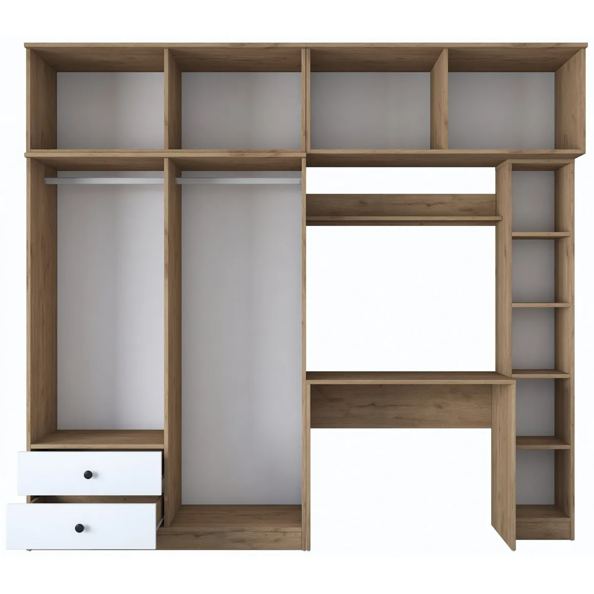 Set Camera da Letto Bianco Marrone Noce Appendiabiti 2 Cassetti, 13 Ripiani - Caprie