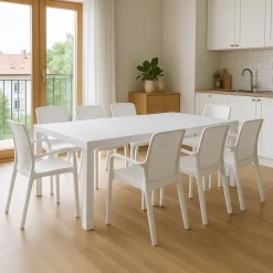 Set da esterno tavolo allungabile 10 posti e 8 sedie bianco - Cortanze