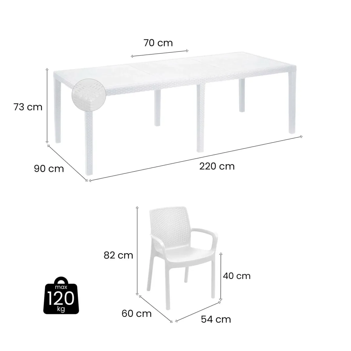 Set da esterno tavolo allungabile 10 posti e 8 sedie bianco - Cortanze