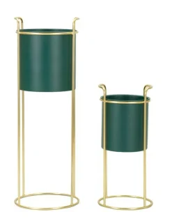 Set di 2 portavasi Rangone, 24x24 h70 cm, Verde e Oro