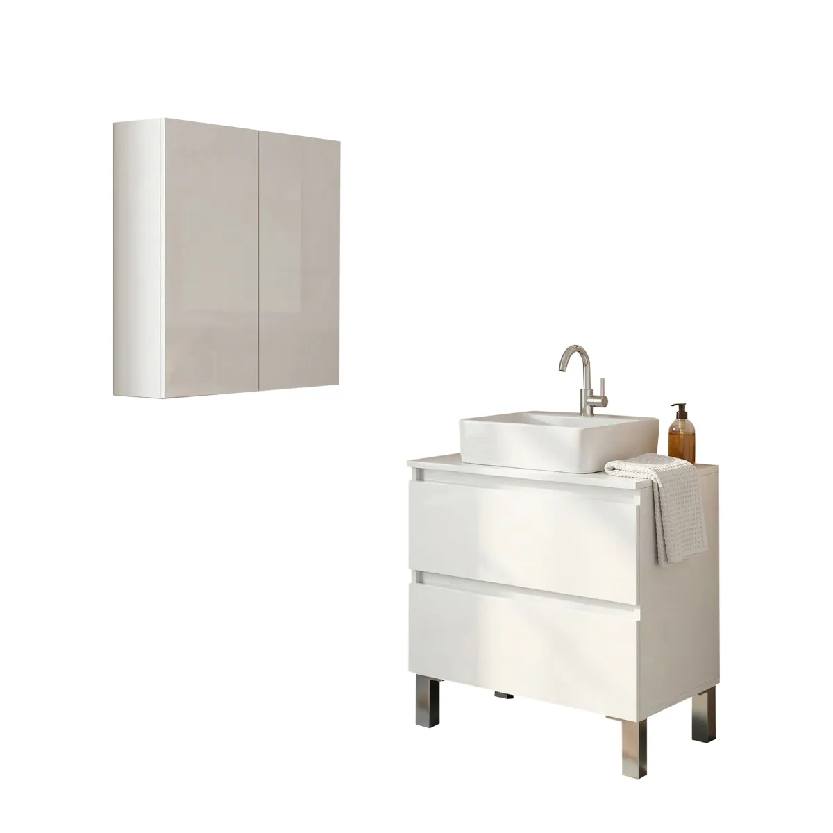Mobili Sottolavabo > Dmora Set Mobili Bagno 2 Cassetti 2 Ripiani, 2 Ante - Capizzi Bianco Lucido