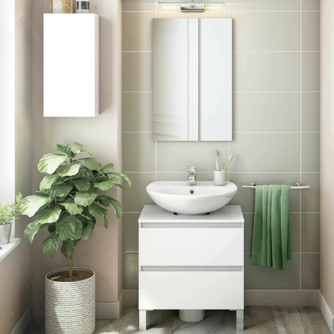 Set Mobili Bagno Bianco Lucido 2 Cassetti 2 Ripiani, Un'anta - Frisa