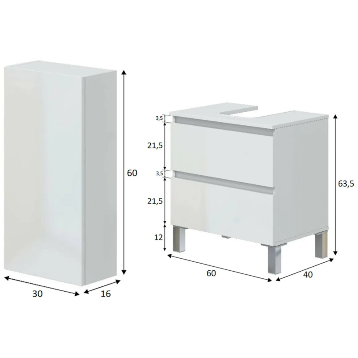 Set Mobili Bagno Bianco Lucido 2 Cassetti 2 Ripiani, Un'anta - Frisa