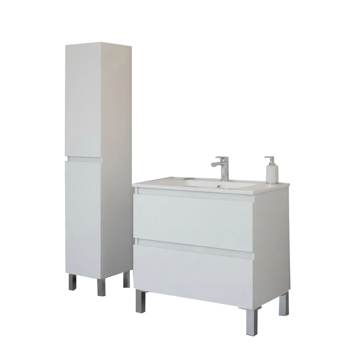 Set Mobili Bagno Bianco Lucido 2 Cassetti 4 Ripiani, 2 Ante - Formello