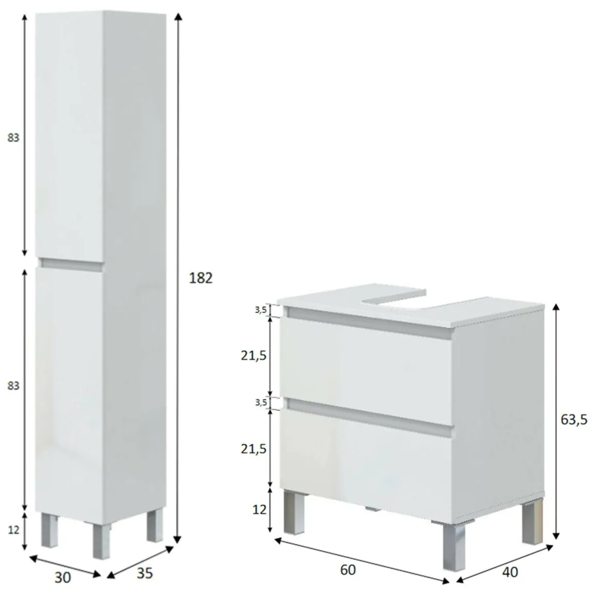 Set Mobili Bagno Bianco Lucido 2 Cassetti 4 Ripiani, 2 Ante - Formello