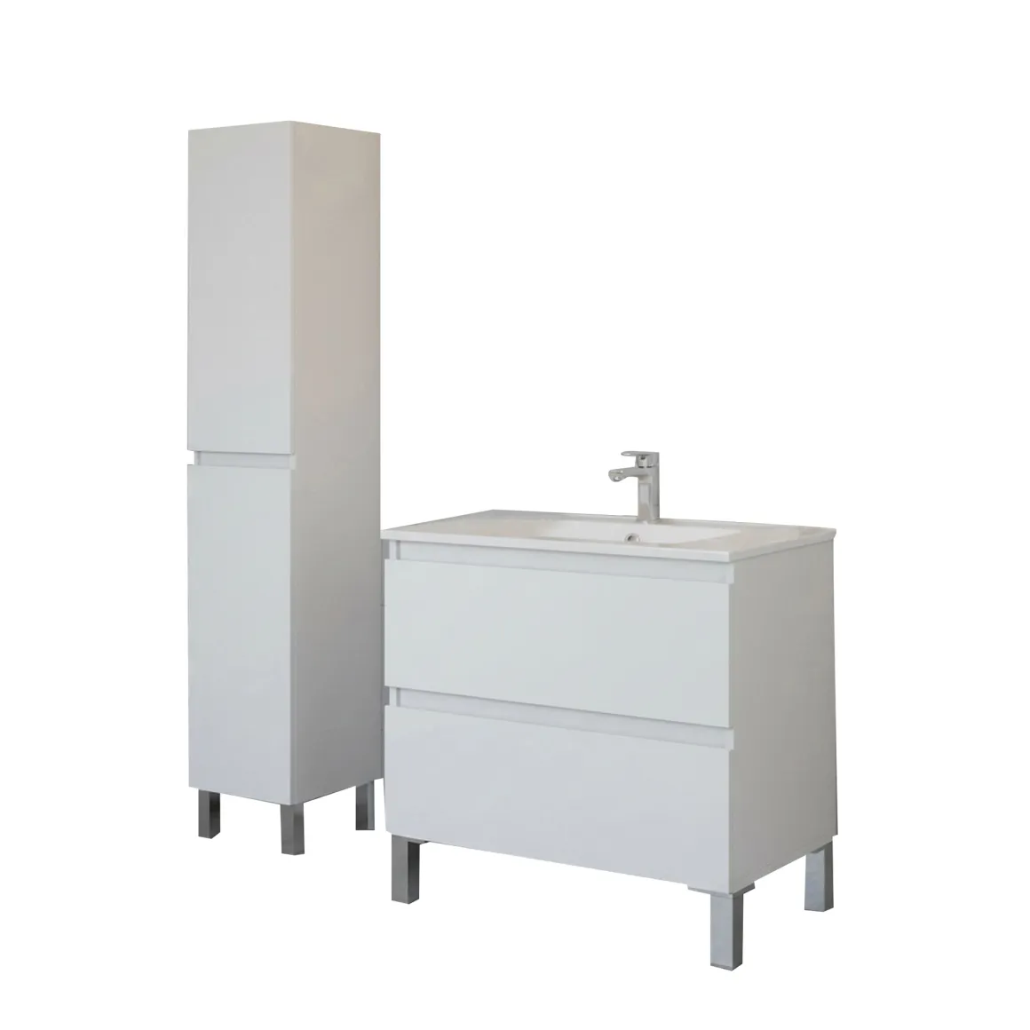 Set Mobili Bagno Bianco Lucido 2 Cassetti 4 Ripiani, 2 Ante - Formello