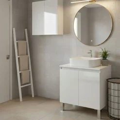 Set Mobili Bagno Bianco Lucido 3 Ripiani 4 Ante, 5 Vani - Gravina