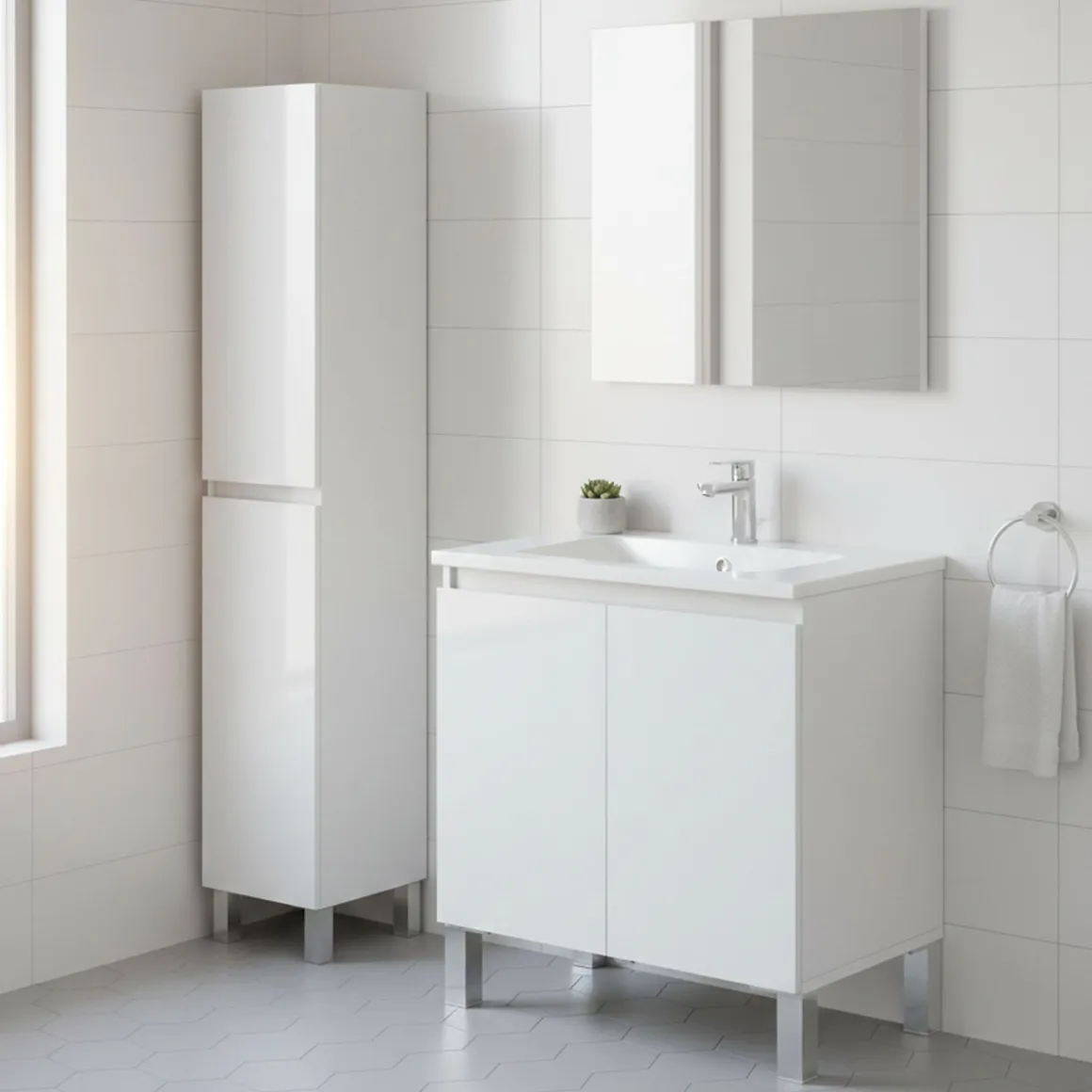 Set Mobili Bagno Bianco Lucido 5 Ripiani 4 Ante, 8 Vani - Vignolo