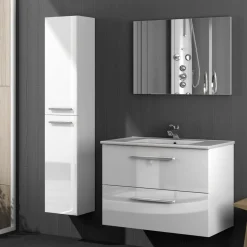 Set Mobili Bagno Bianco Lucido Specchio Incluso 2 Cassetti, 2 Ripiani - Ricadi