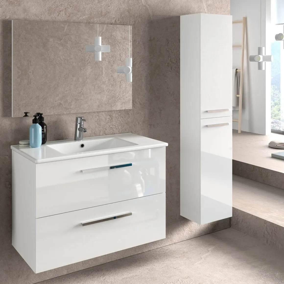 Set Mobili Bagno Bianco Lucido Specchio Incluso 2 Cassetti, 2 Ripiani - Ricadi