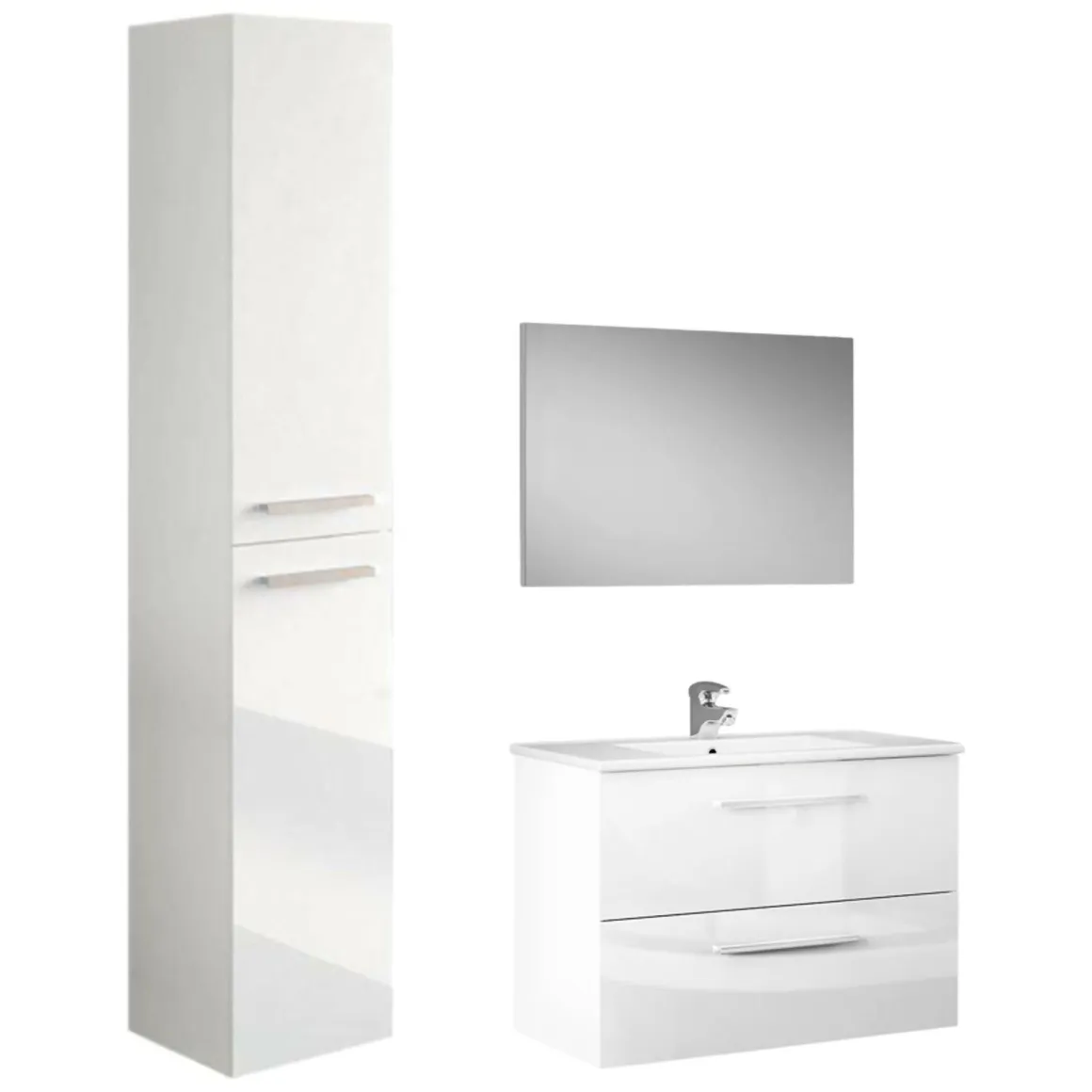 Set Mobili Bagno Bianco Lucido Specchio Incluso 2 Cassetti, 2 Ripiani - Ricadi