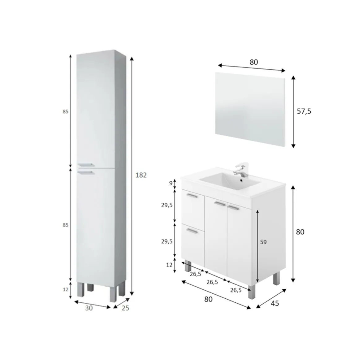 Set Mobili Bagno Bianco Lucido Specchio Incluso 2 Cassetti, 3 Ripiani - Liona