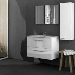 Set Mobili Bagno Bianco Lucido Specchio Incluso 2 Cassetti, un Ripiano - Possagno