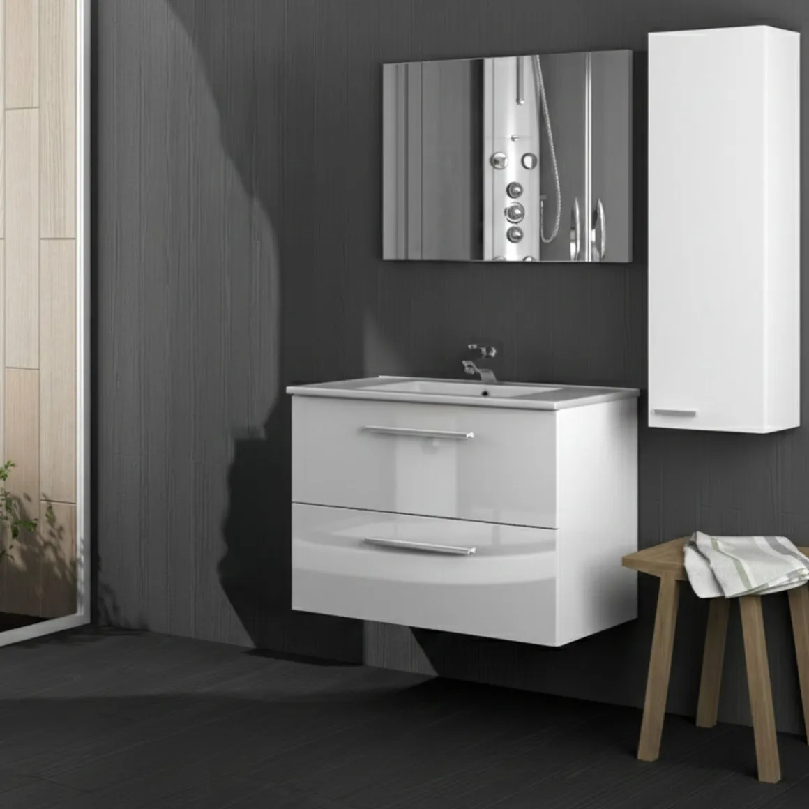 Set Mobili Bagno Bianco Lucido Specchio Incluso 2 Cassetti, un Ripiano - Possagno