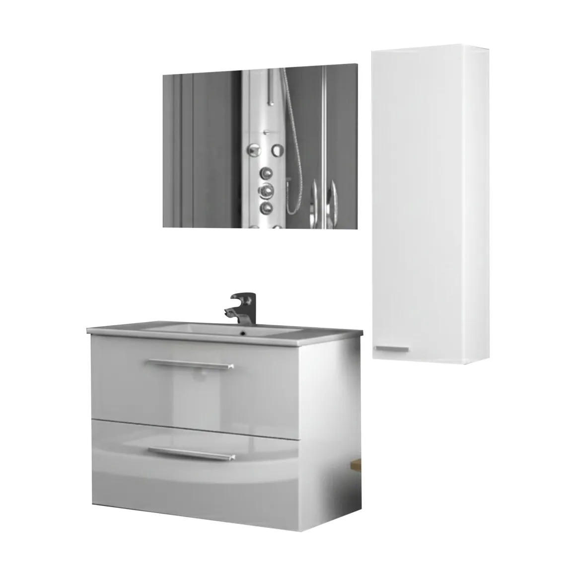 Set Mobili Bagno Bianco Lucido Specchio Incluso 2 Cassetti, un Ripiano - Possagno