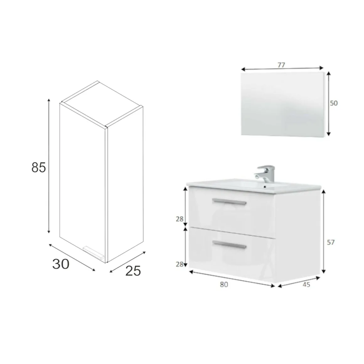 Set Mobili Bagno Bianco Lucido Specchio Incluso 2 Cassetti, un Ripiano - Possagno