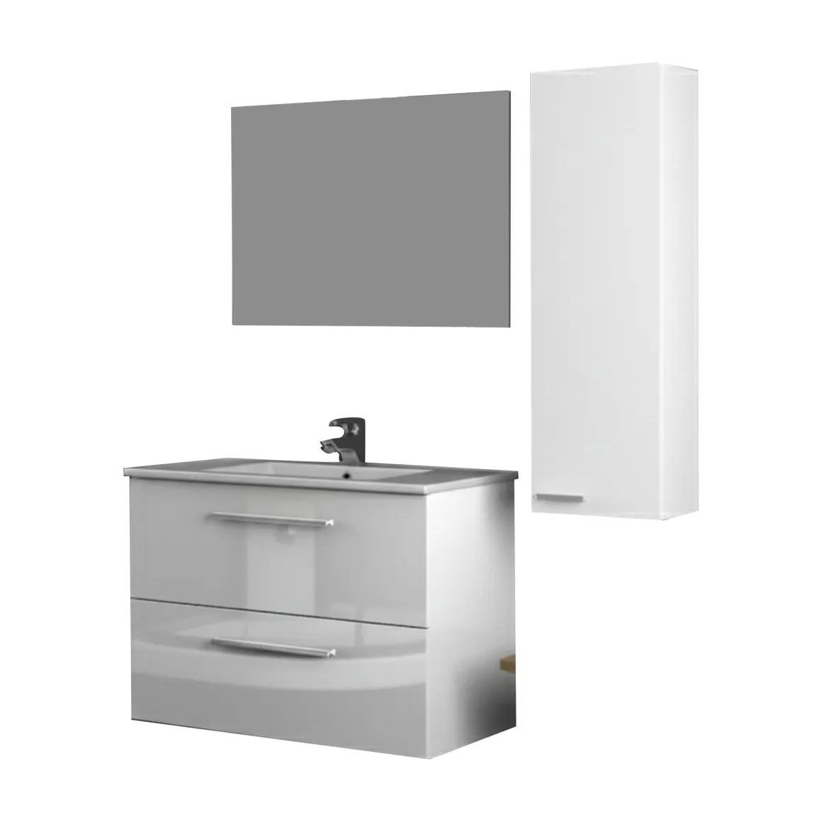 Set Mobili Bagno Bianco Lucido Specchio Incluso 2 Cassetti, un Ripiano - Possagno