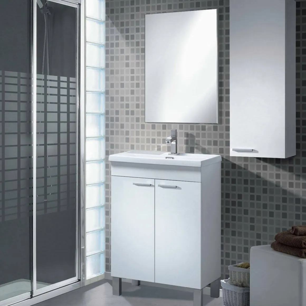 Set Mobili Bagno Bianco Lucido Specchio Incluso 2 Ripiani, 3 Ante - Fenile