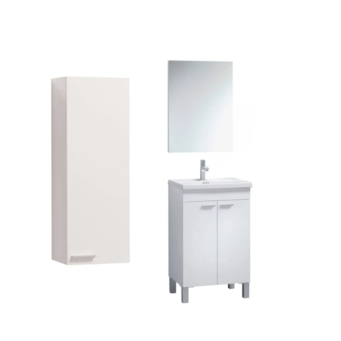 Set Mobili Bagno Bianco Lucido Specchio Incluso 2 Ripiani, 3 Ante - Fenile
