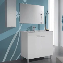 Set Mobili Bagno Bianco Lucido Specchio Incluso 2 Ripiani, 3 Ante - Suvereto