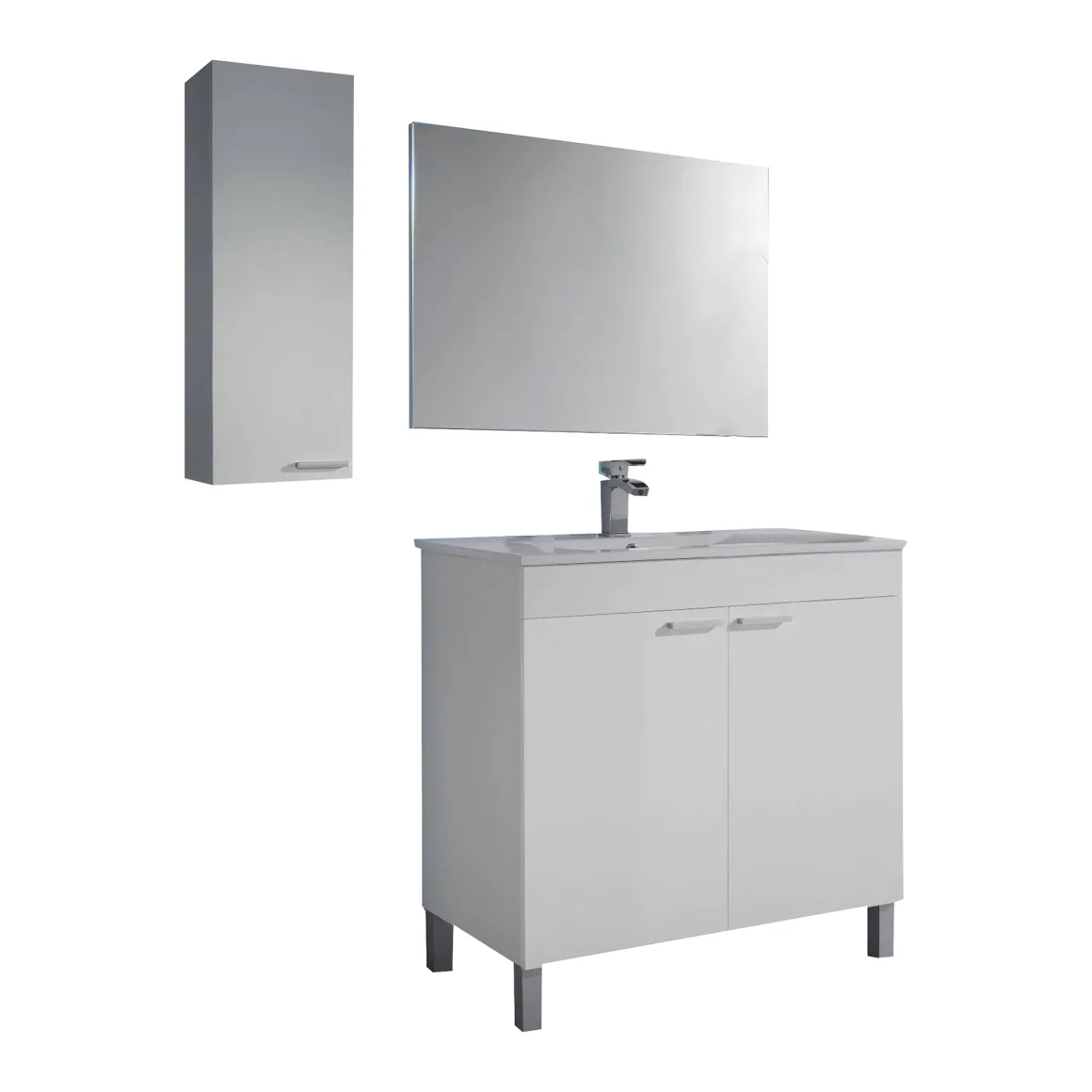 Set Mobili Bagno Bianco Lucido Specchio Incluso 2 Ripiani, 3 Ante - Suvereto