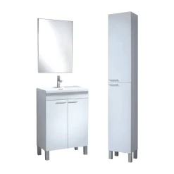 Set Mobili Bagno Bianco Lucido Specchio Incluso 2 Ripiani, 4 Ante - Tradate