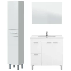 Set Mobili Bagno Bianco Lucido Specchio Incluso 3 Cassetti, 3 Ripiani - Lomello