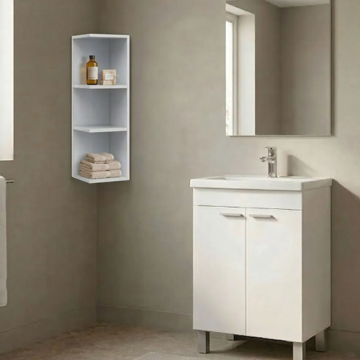 Set Mobili Bagno Bianco Lucido Specchio Incluso 3 Ripiani, 2 Ante - Furtei