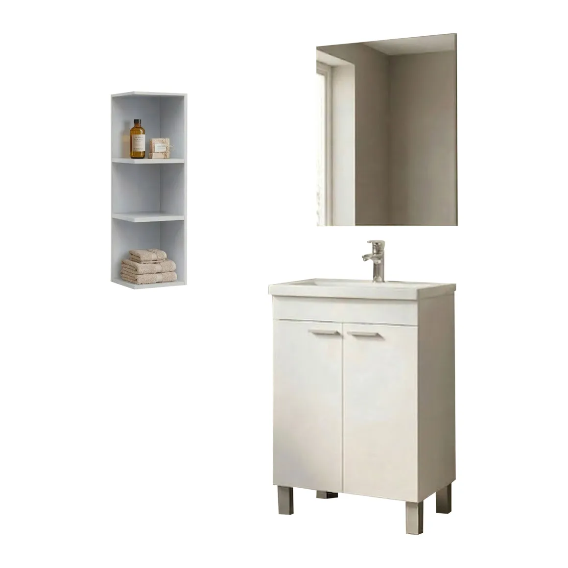 Set Mobili Bagno Bianco Lucido Specchio Incluso 3 Ripiani, 2 Ante - Furtei