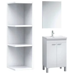 Set Mobili Bagno Bianco Lucido Specchio Incluso 3 Ripiani, 2 Ante - Furtei