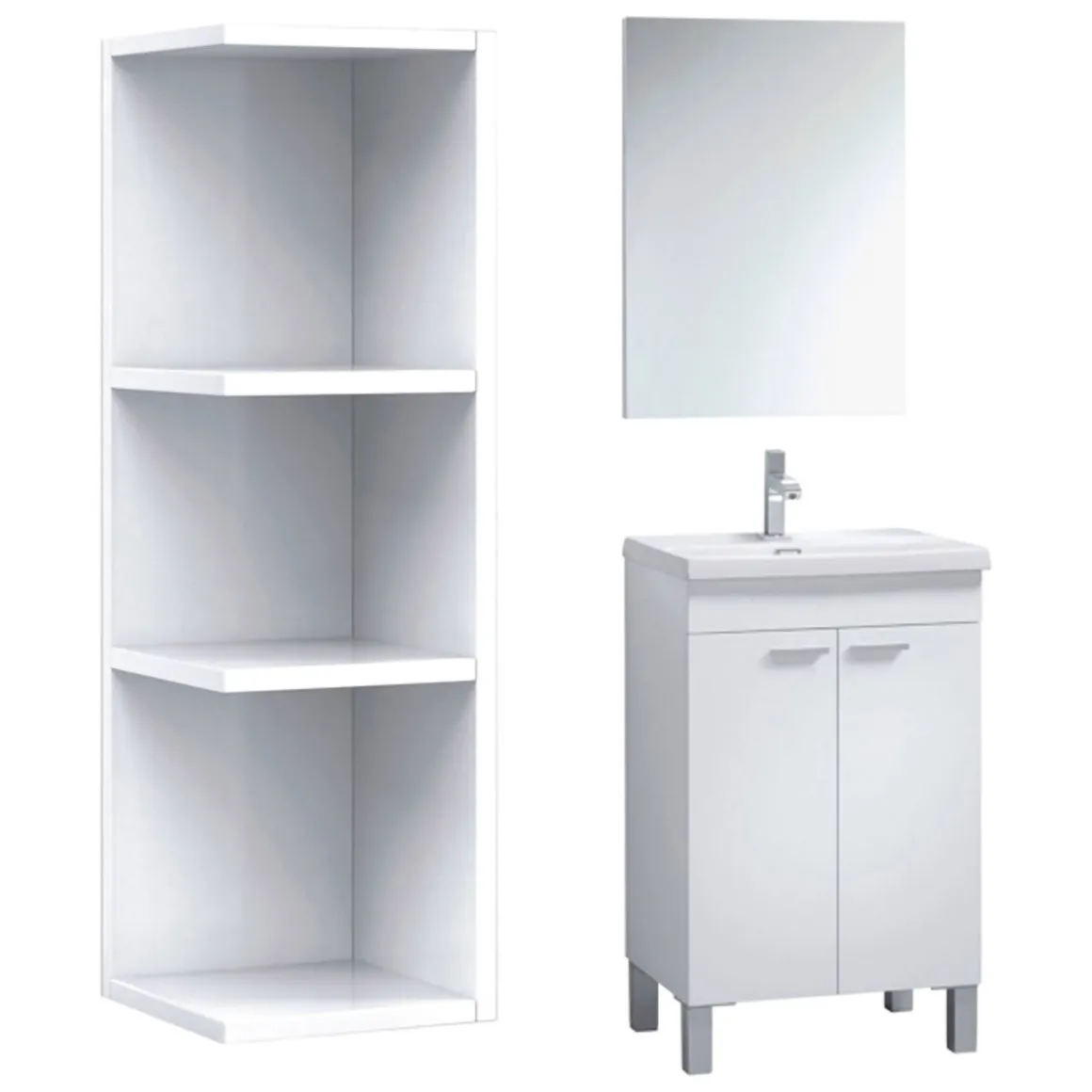 Set Mobili Bagno Bianco Lucido Specchio Incluso 3 Ripiani, 2 Ante - Furtei