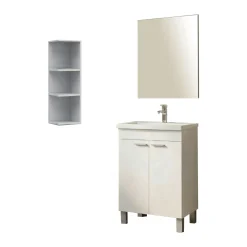 Set Mobili Bagno Bianco Lucido Specchio Incluso 3 Ripiani, 2 Ante - Furtei