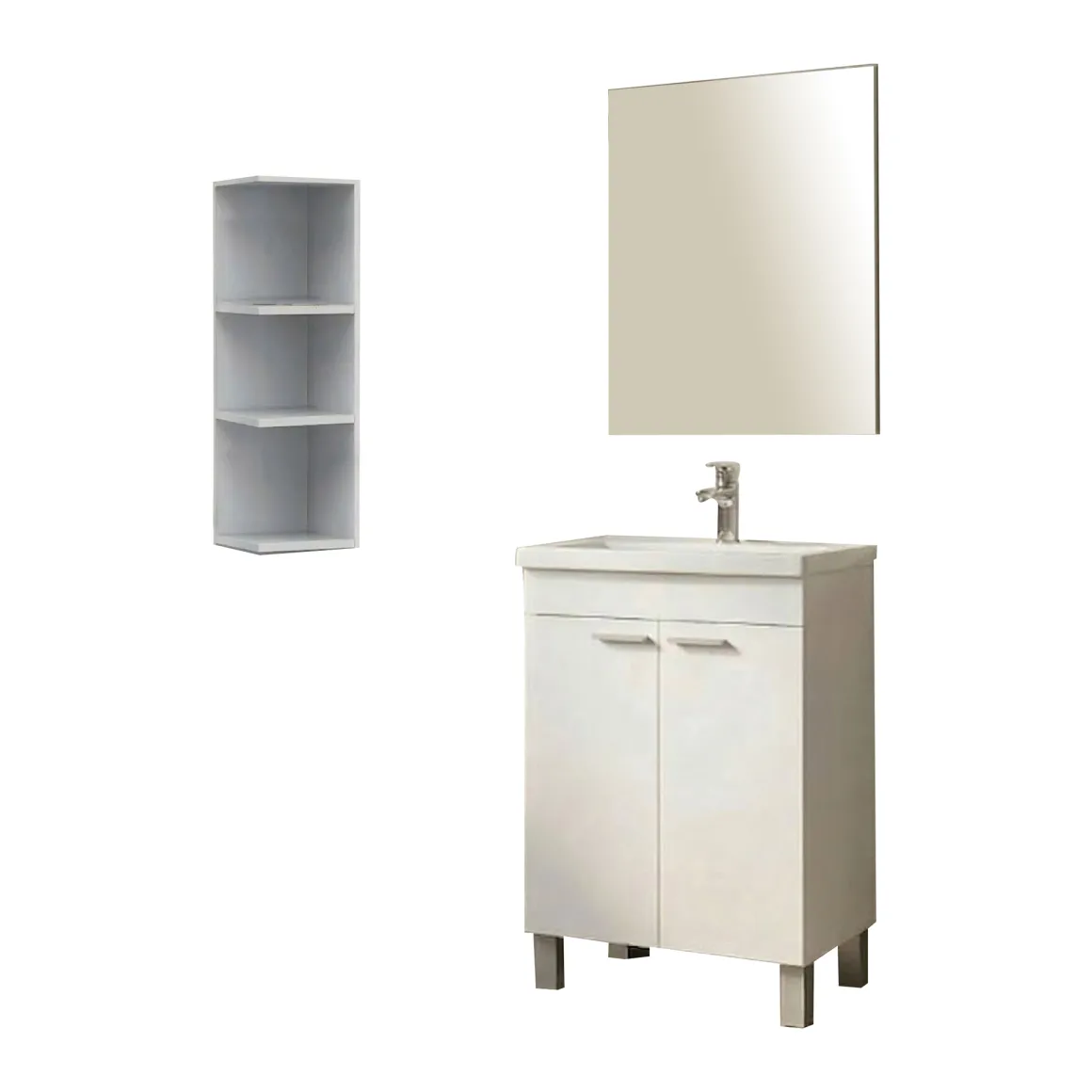 Set Mobili Bagno Bianco Lucido Specchio Incluso 3 Ripiani, 2 Ante - Furtei