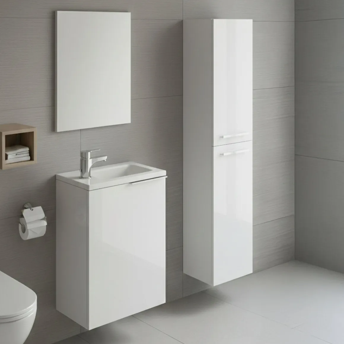 Mobili Sottolavabo > Dmora Set Mobili Bagno Specchio Incluso 3 Ripiani, 3 Ante - Gaiola Bianco Lucido