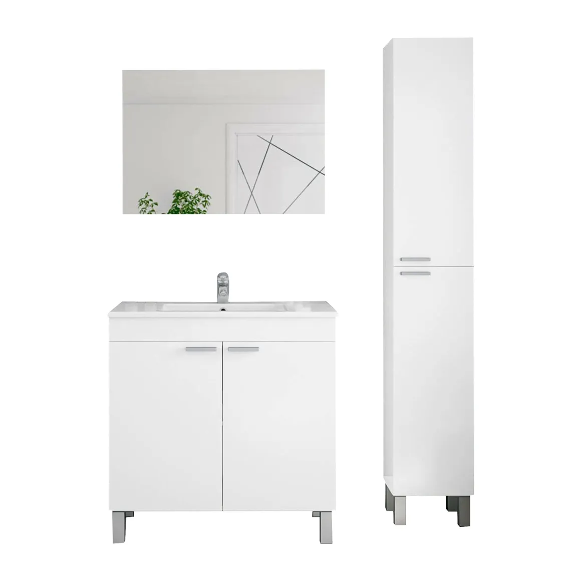 Set Mobili Bagno Bianco Lucido Specchio Incluso 3 Ripiani, 4 Ante - Varzo