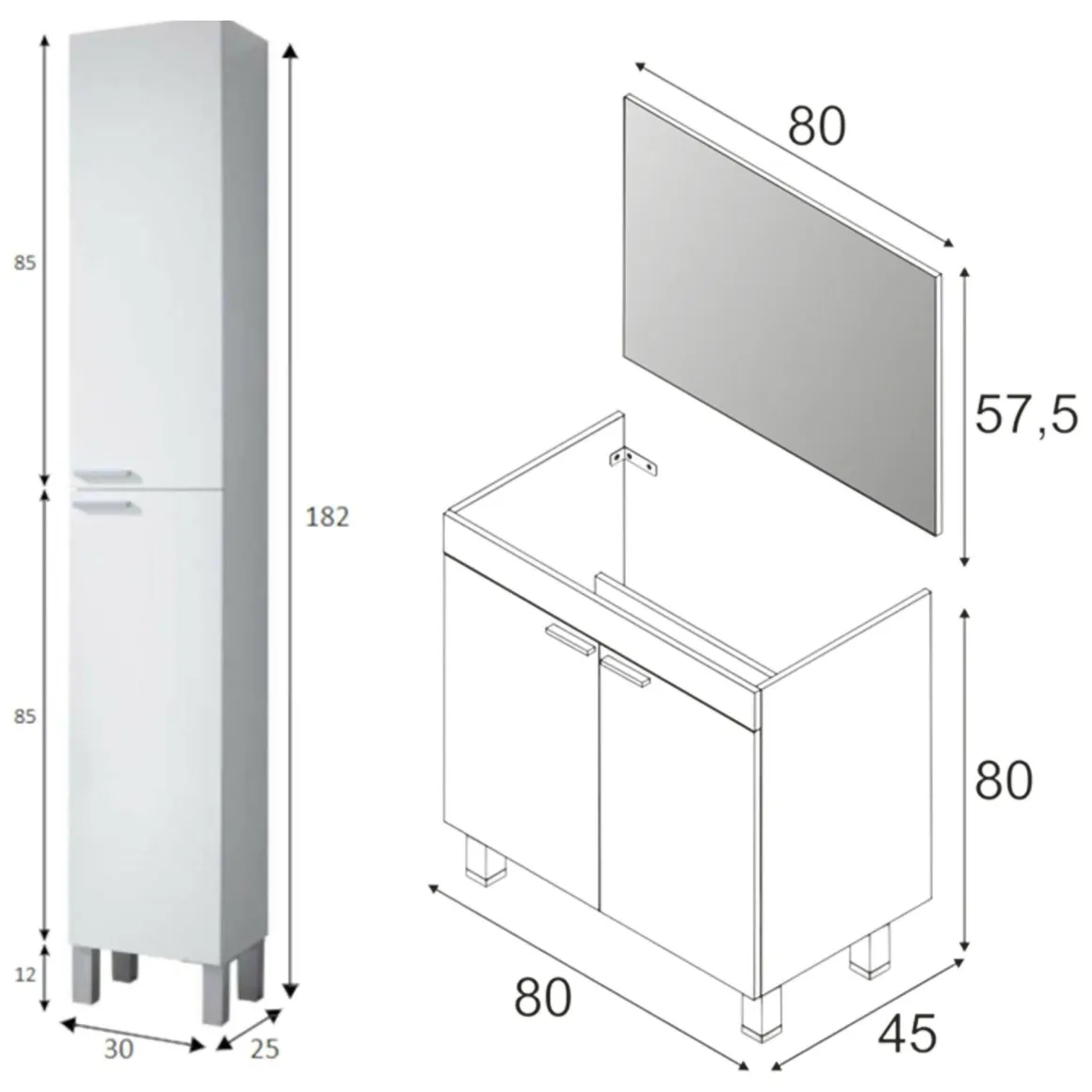 Set Mobili Bagno Bianco Lucido Specchio Incluso 3 Ripiani, 4 Ante - Varzo