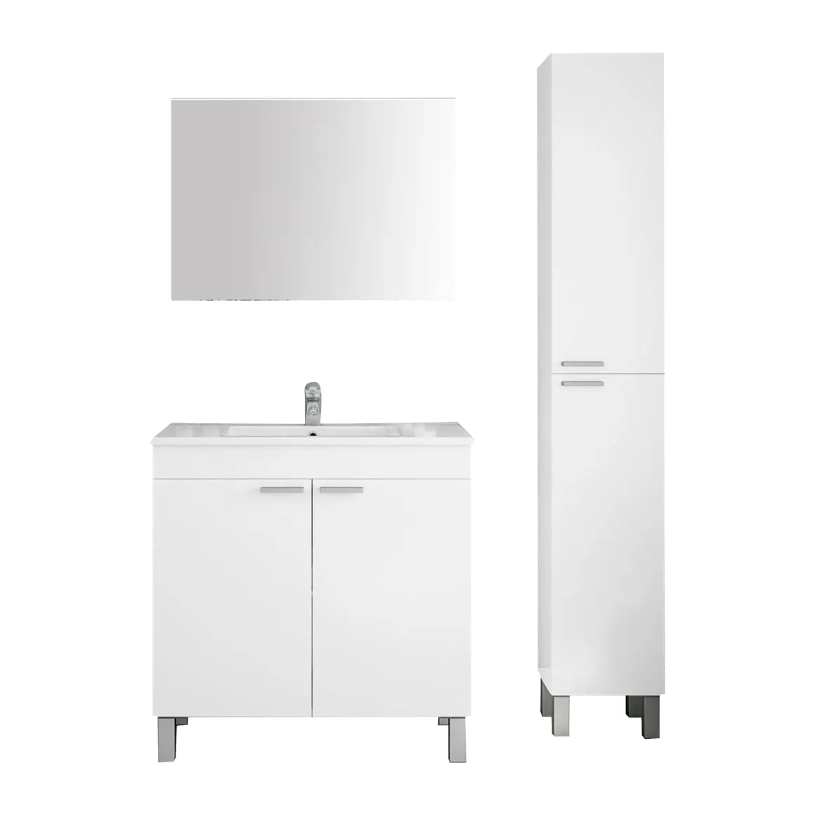 Set Mobili Bagno Bianco Lucido Specchio Incluso 3 Ripiani, 4 Ante - Varzo
