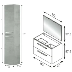Set Mobili Bagno Grigio Cemento Specchio Incluso 2 Cassetti, 2 Ripiani - Ricadi