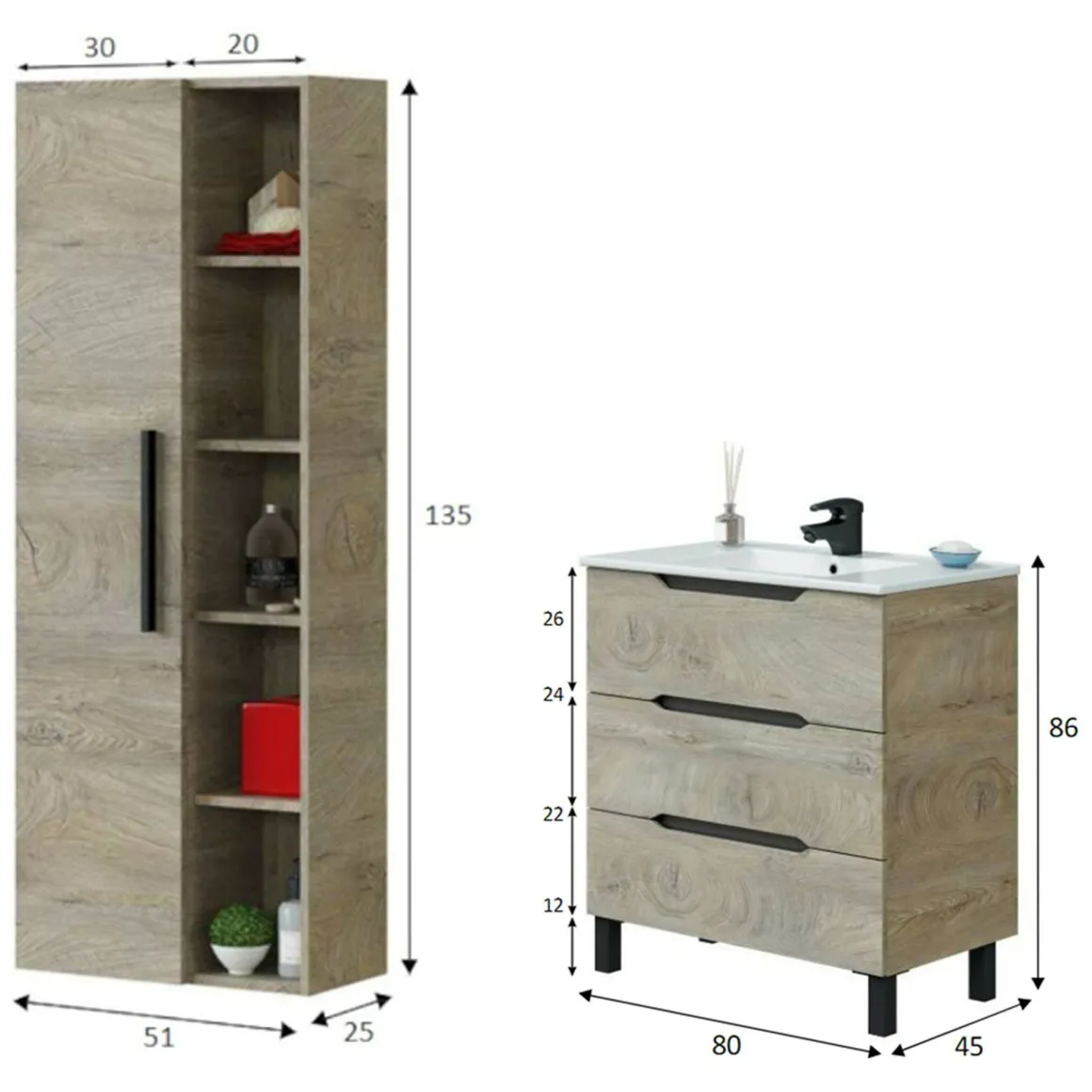 Set Mobili Bagno Marrone Quercia 3 Cassetti 7 Ripiani, Un'anta - Laterza