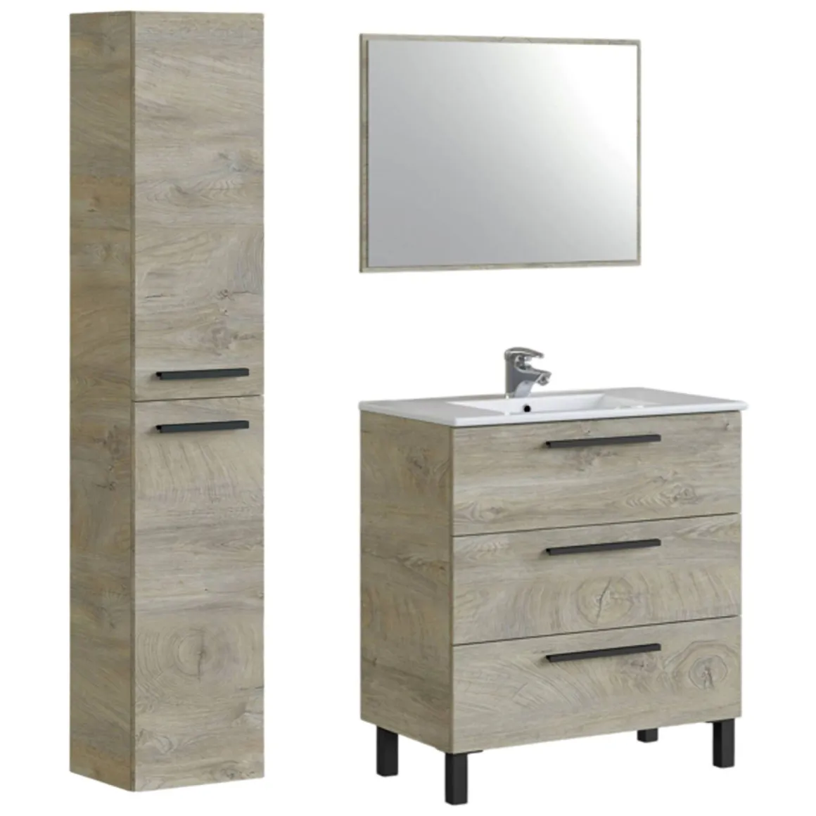Set Mobili Bagno Marrone Quercia Specchio Incluso 3 Cassetti, 2 Ripiani - Corbola