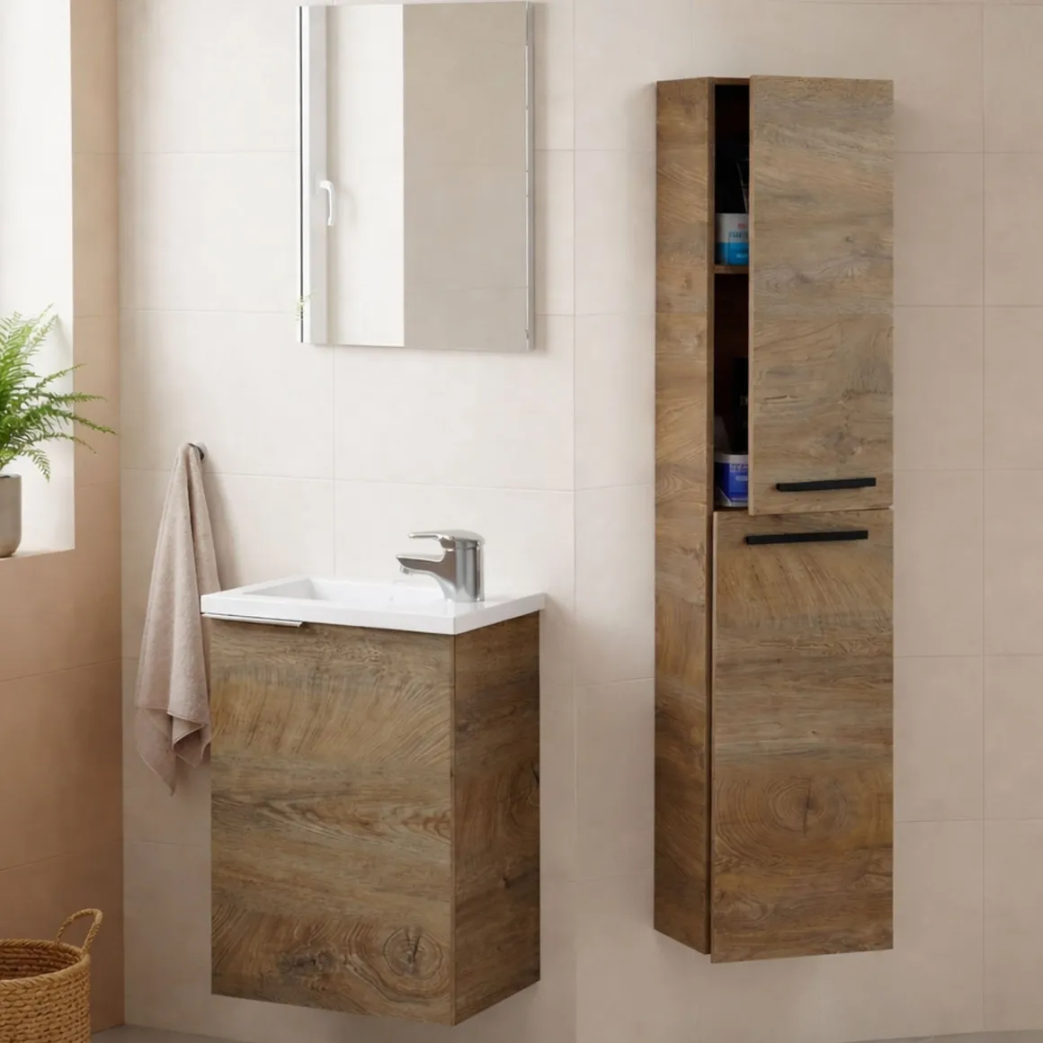 Set Mobili Bagno Marrone Quercia Specchio Incluso 3 Ripiani, 3 Ante - Osnago