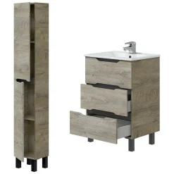Mobili Sottolavabo > Dmora Set Mobili Bagno Marrone Rovere Grigio Nero Antracite 3 Cassetti 3 Ripiani, 2 Ante - Caleta Nero Antracite, Marrone Rovere Grigio
