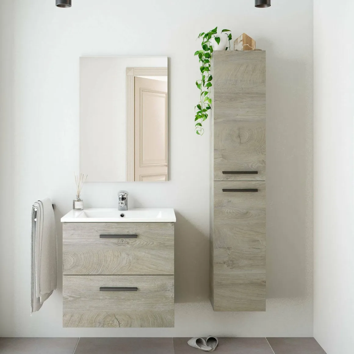 Mobili Sottolavabo > Dmora Set Mobili Bagno Specchio Incluso 2 Cassetti, 2 Ripiani - Somaglia Marrone Rovere