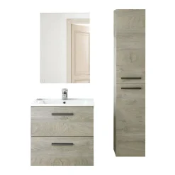 Set Mobili Bagno Marrone Rovere Specchio Incluso 2 Cassetti, 2 Ripiani - Martesana
