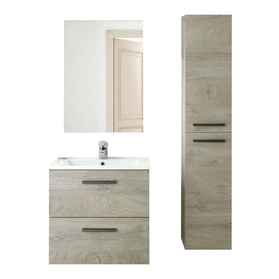 Mobili Sottolavabo > Dmora Set Mobili Bagno Specchio Incluso 2 Cassetti, 2 Ripiani - Somaglia Marrone Rovere