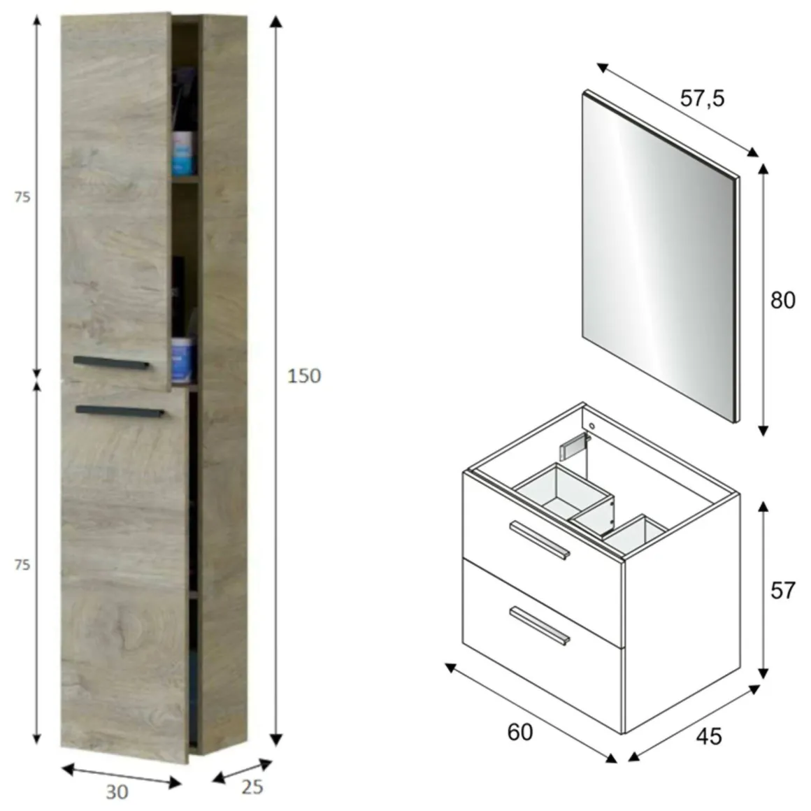 Mobili Sottolavabo > Dmora Set Mobili Bagno Specchio Incluso 2 Cassetti, 2 Ripiani - Somaglia Marrone Rovere