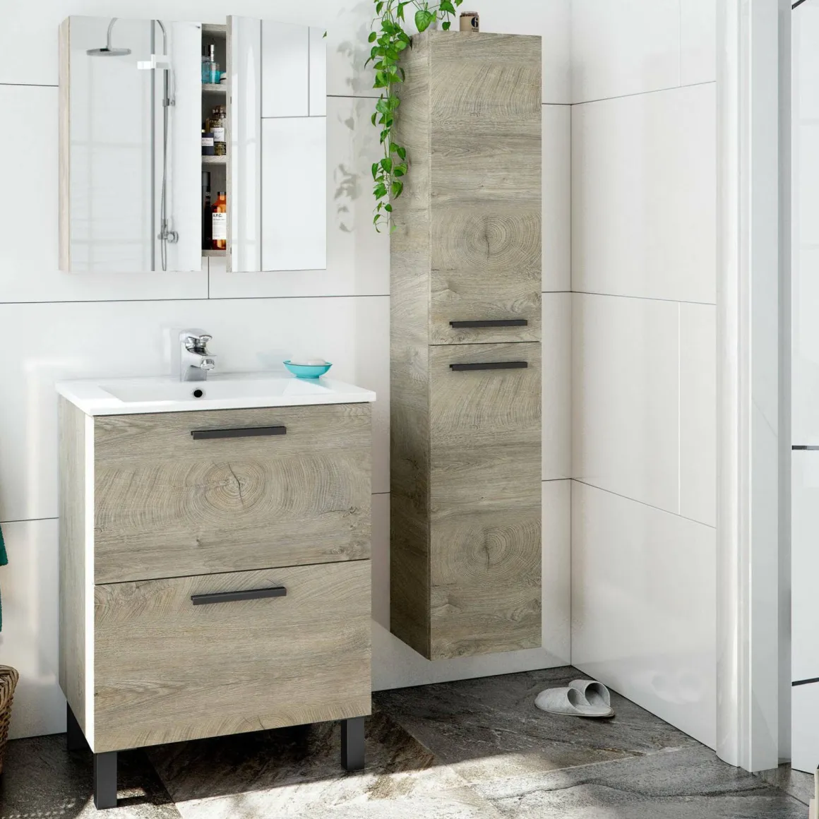 Mobili Sottolavabo > Dmora Set Mobili Bagno Specchio Incluso 2 Cassetti, 2 Ripiani - Somaglia Marrone Rovere