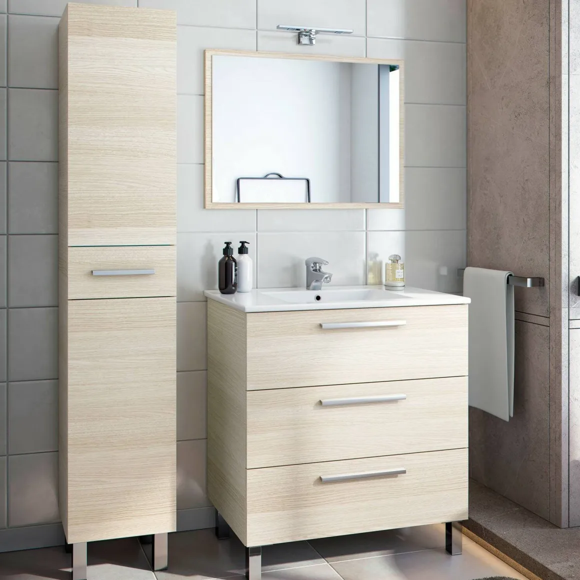 Mobili Sottolavabo > Dmora Set Mobili Bagno Specchio Incluso 8 Ripiani, 3 Ante - Sorico Marrone Rovere