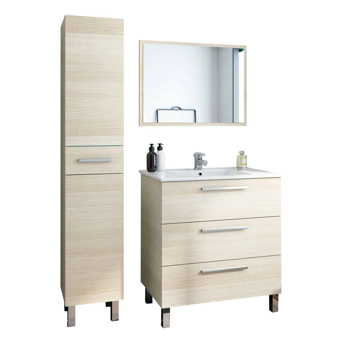 Mobili Sottolavabo > Dmora Set Mobili Bagno Specchio Incluso 8 Ripiani, 3 Ante - Sorico Marrone Rovere