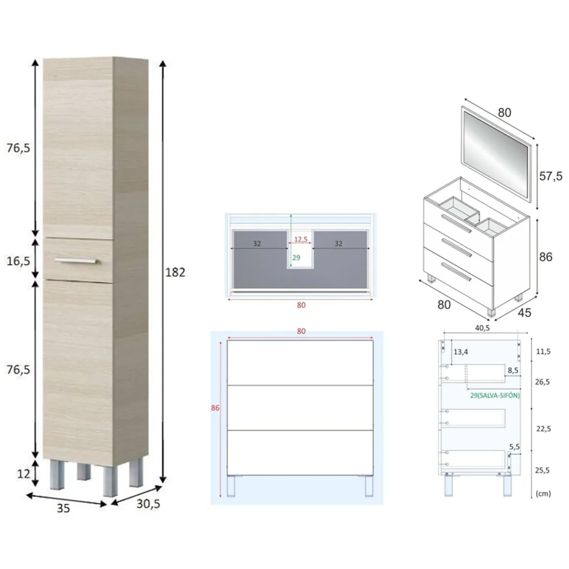 Mobili Sottolavabo > Dmora Set Mobili Bagno Specchio Incluso 8 Ripiani, 3 Ante - Sorico Marrone Rovere